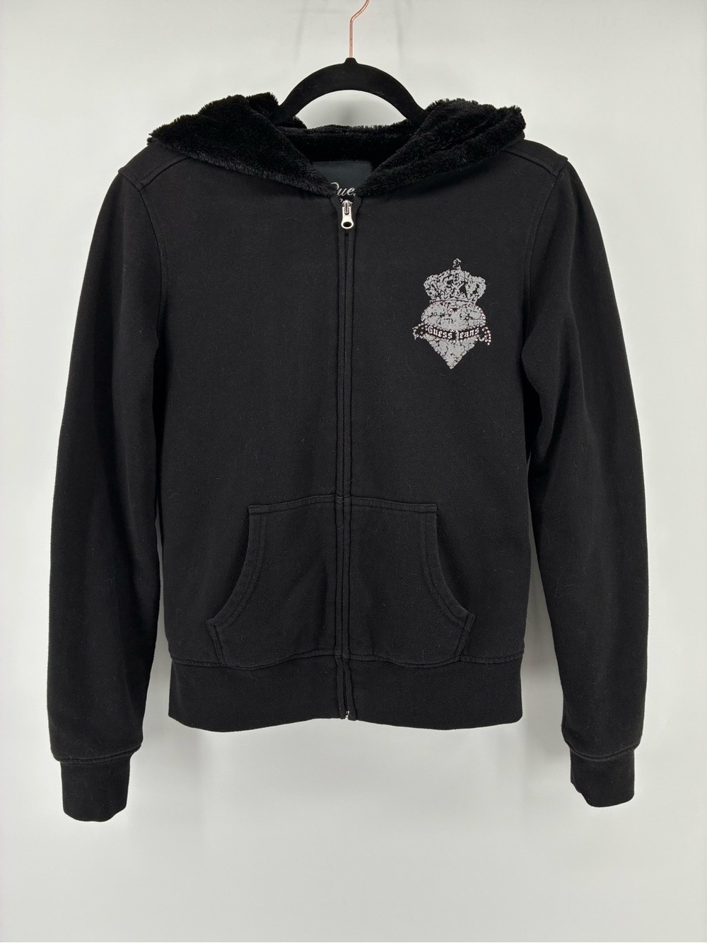 Guess Black Zip-Up Hoodie with Embellished Crest